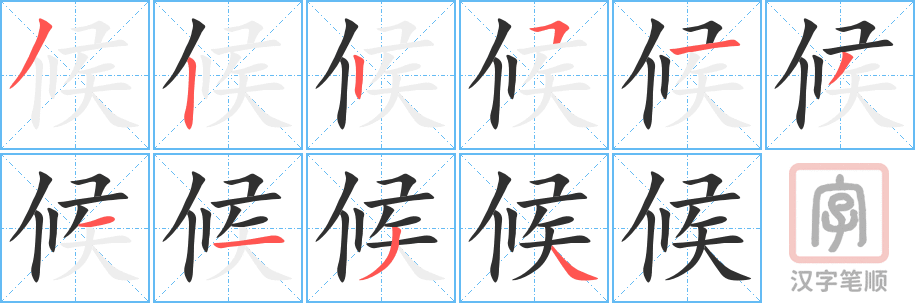 候的笔顺分步演示（一笔一画写字）