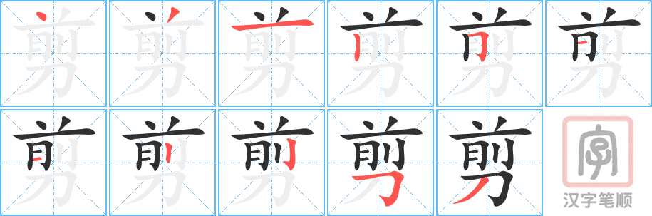 剪的笔顺分步演示（一笔一画写字）