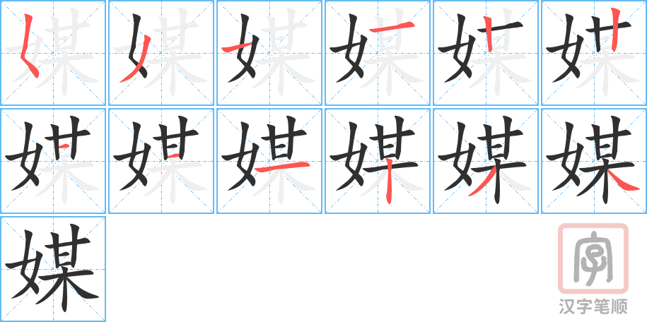 媒的笔顺分步演示（一笔一画写字）