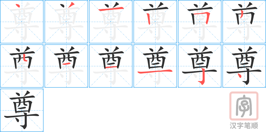 尊的笔顺分步演示（一笔一画写字）