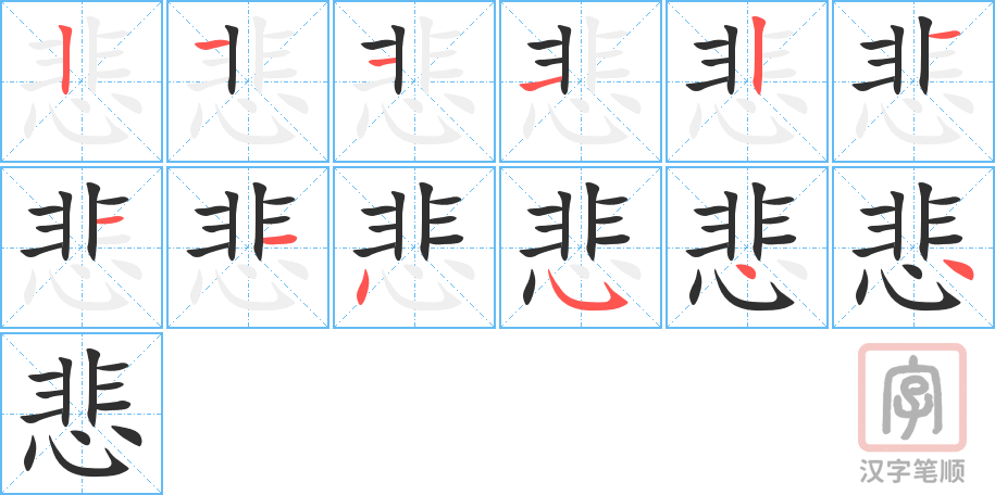 悲的笔顺分步演示（一笔一画写字）