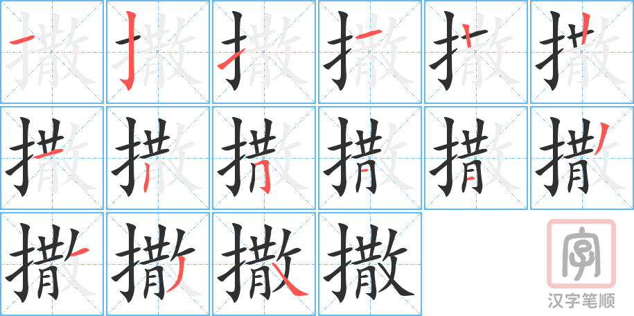 撒的笔顺分步演示（一笔一画写字）