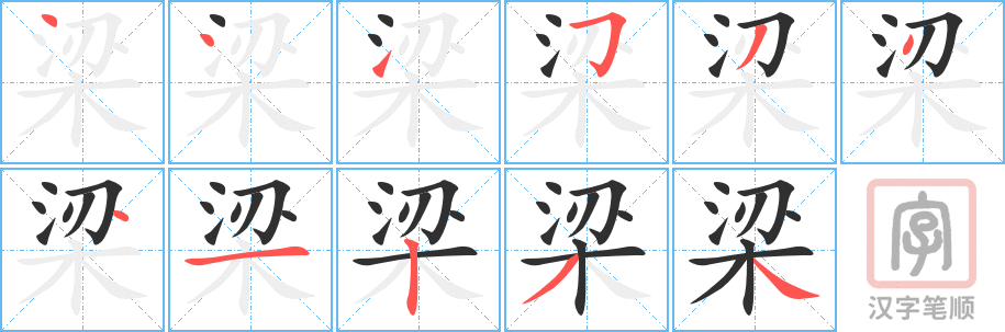 梁的笔顺分步演示（一笔一画写字）