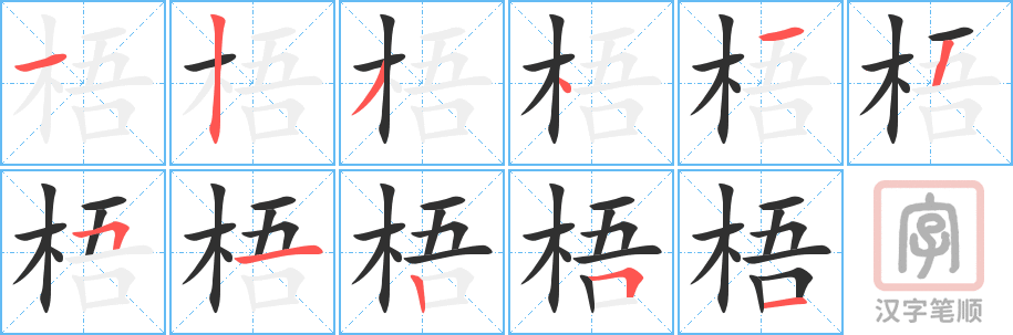 梧的笔顺分步演示（一笔一画写字）