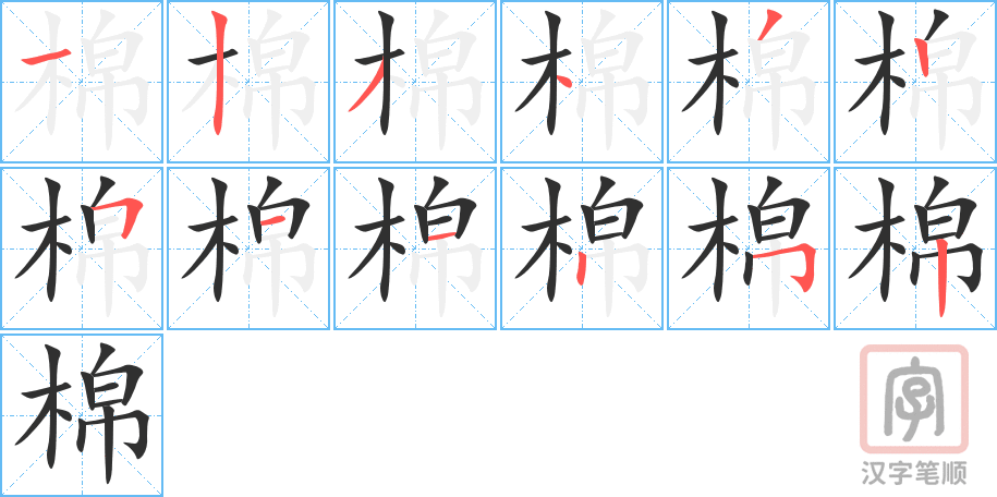 棉的笔顺分步演示（一笔一画写字）