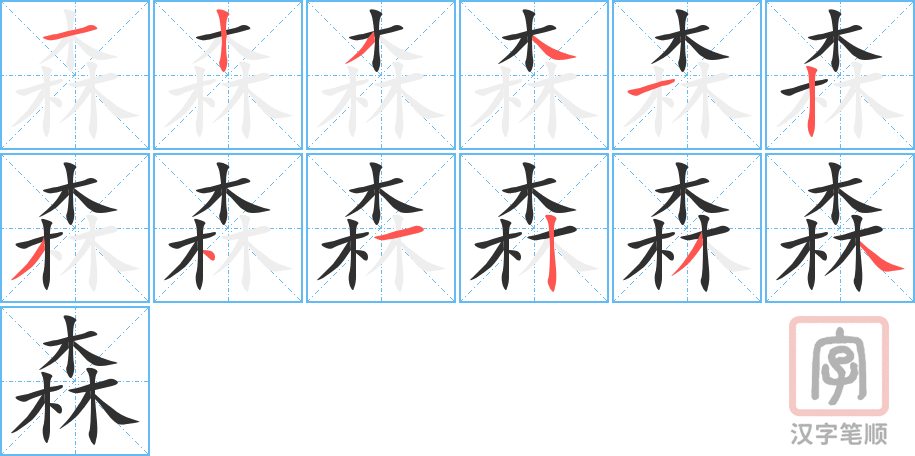 森的笔顺分步演示（一笔一画写字）