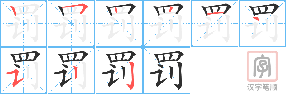 罚的笔顺分步演示（一笔一画写字）