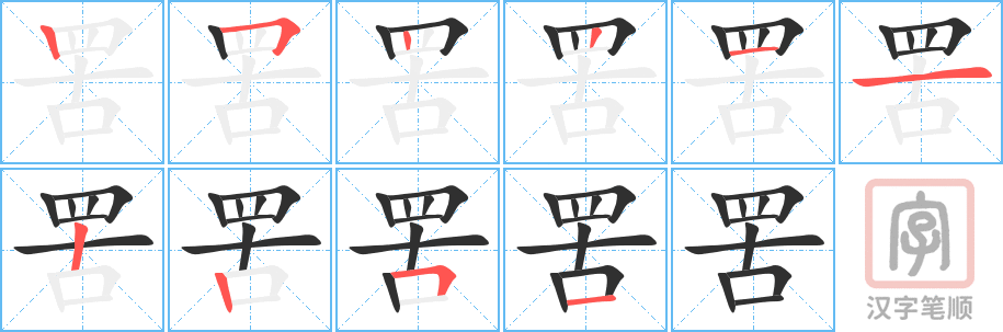 罟的笔顺分步演示（一笔一画写字）