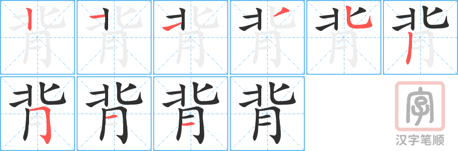 背的笔顺分步演示（一笔一画写字）