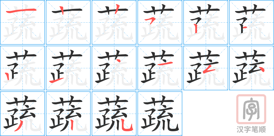 蔬的笔顺分步演示（一笔一画写字）