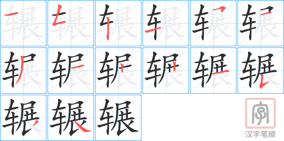 辗的笔顺分步演示（一笔一画写字）