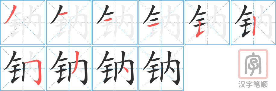 钠的笔顺分步演示（一笔一画写字）