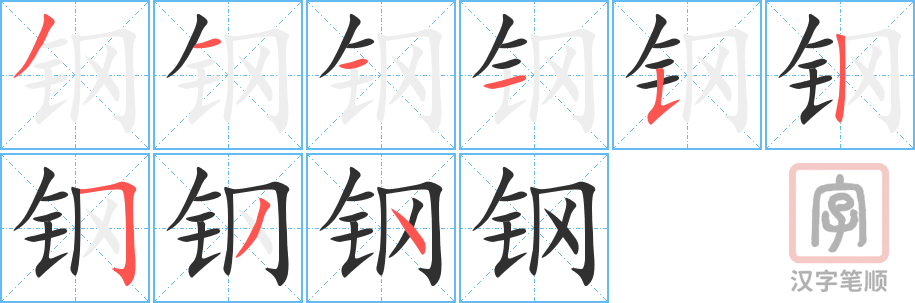 钢的笔顺分步演示（一笔一画写字）