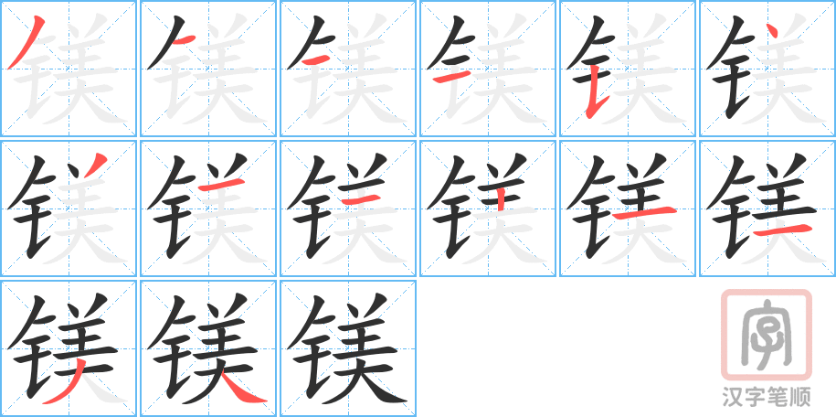 镁的笔顺分步演示（一笔一画写字）