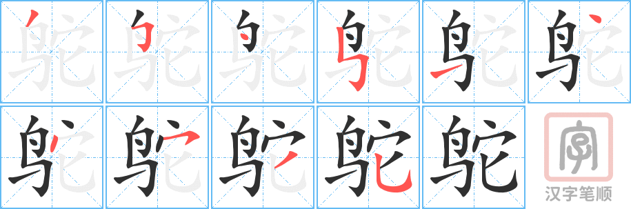 鸵的笔顺分步演示（一笔一画写字）